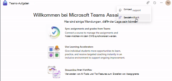 Screenshot: Link zum Senden von Feedback zu Microsoft Teams-Zuweisungen.