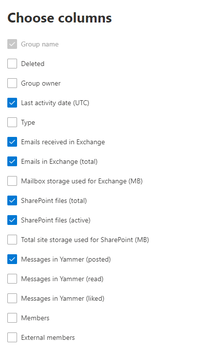 Office 365 Gruppenaktivitätsbericht – Spalten auswählen.