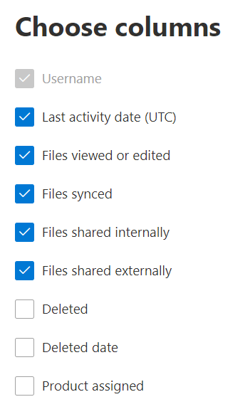 OneDrive-Aktivitätsbericht: Wählen Sie Spalten aus.