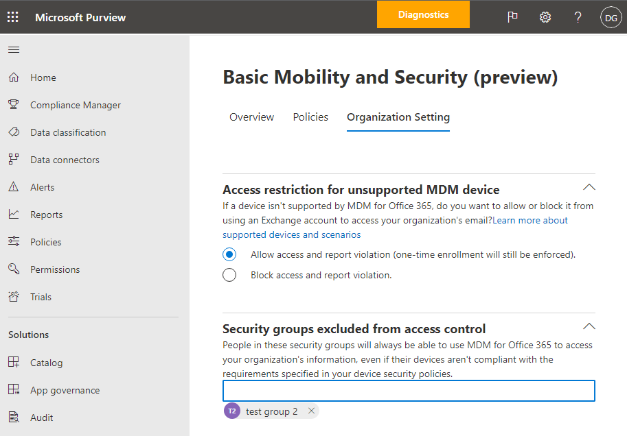 Basic Mobility and Security allow access option( Basic Mobility and Security allow access).