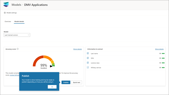 Screenshot in mit den Modelldetails auf der Startseite des Modells.