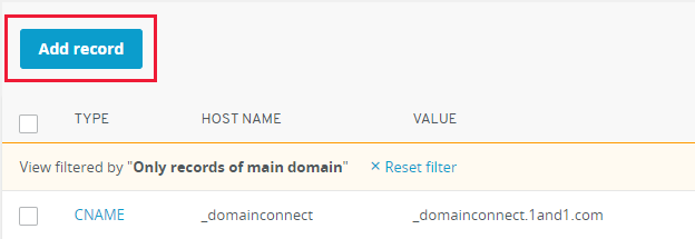Screenshot: Auswählen von Add record (Eintrag hinzufügen), um einen TXT-Eintrag für die Domänenüberprüfung hinzuzufügen
