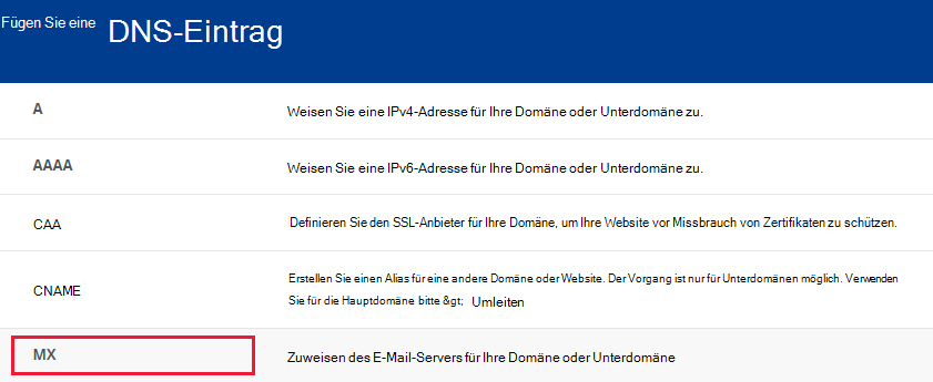 Wählen Sie den Abschnitt MX aus.