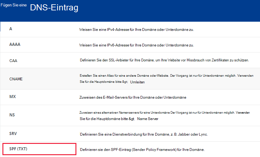 Wählen Sie den Abschnitt SPF (TXT) aus.