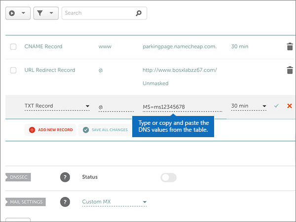 Kopieren Sie die Werte aus der Tabelle für den TXT-Eintrag für die Domänenüberprüfung, und fügen Sie sie ein.