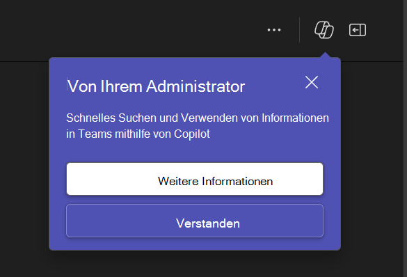 Screenshot, der das Benachrichtigungs-Popup in Teams vom Administrator zur Verwendung von Copilot zeigt.