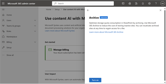 Screenshot der Microsoft 365-Archivseite im Admin Center, auf der gezeigt wird, wie 