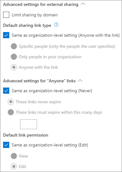 Screenshot der SharePoint-Link-Freigabeeinstellungen auf Websiteebene.