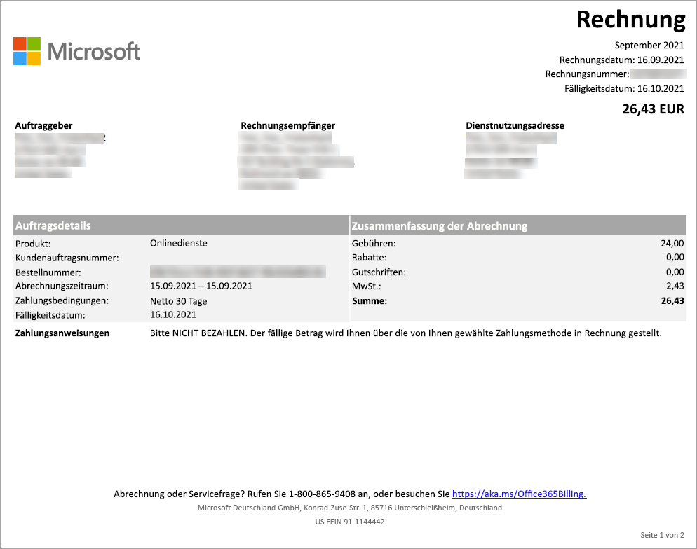 Seite eins der PDF-Rechnung, das die allgemeinen Informationen zu Ihrer Bestellung anzeigt.