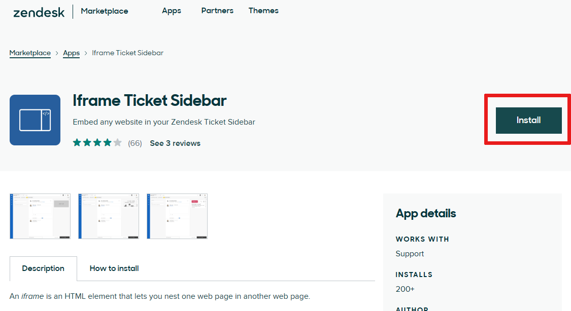 Screenshot der Seite „iFrame-Ticket-Randleiste“ und der Position der Schaltfläche „Installieren“.