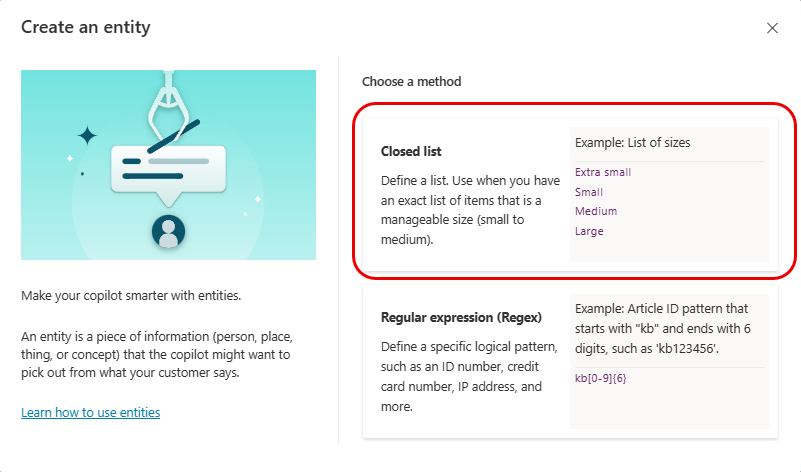 Screenshot des Fensters zur Erstellung von Entitäten mit hervorgehobener Option „Geschlossene Liste“.