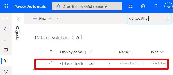 Screenshot des Flows „Wettervorhersage abrufen“ in der Standardlösung.