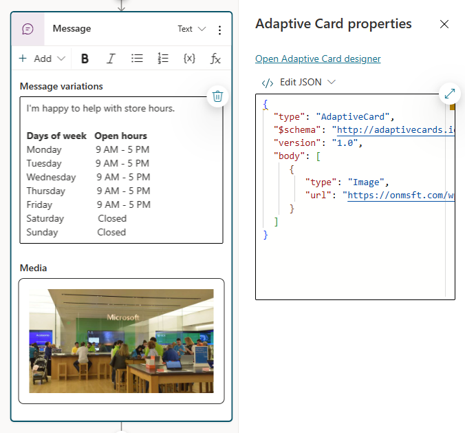 Screenshot eines Nachrichtenknotens mit einer adaptiven Karte, die Text und ein Bild des Geschäfts anzeigt.