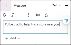 Screenshot eines Textknotens für eine Nachricht im Copilot Studio Authoring Canvas.