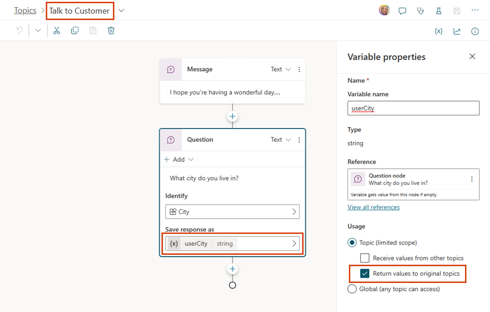 Screenshot des Themas „Mit dem Kunden sprechen“ mit hervorgehobener userCity-Variable und ihren Eigenschaften.