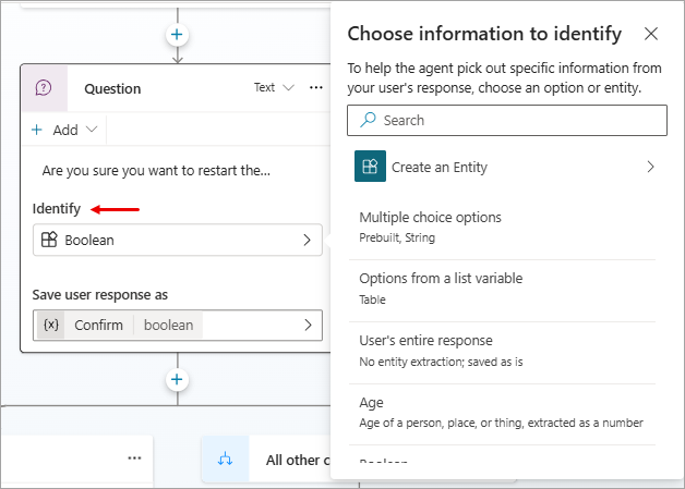 Screenshot eines Frageknotens mit geöffnetem Menü „Zu identifizierende Informationen auswählen“ und hervorgehobener Entität „Name der Person“.