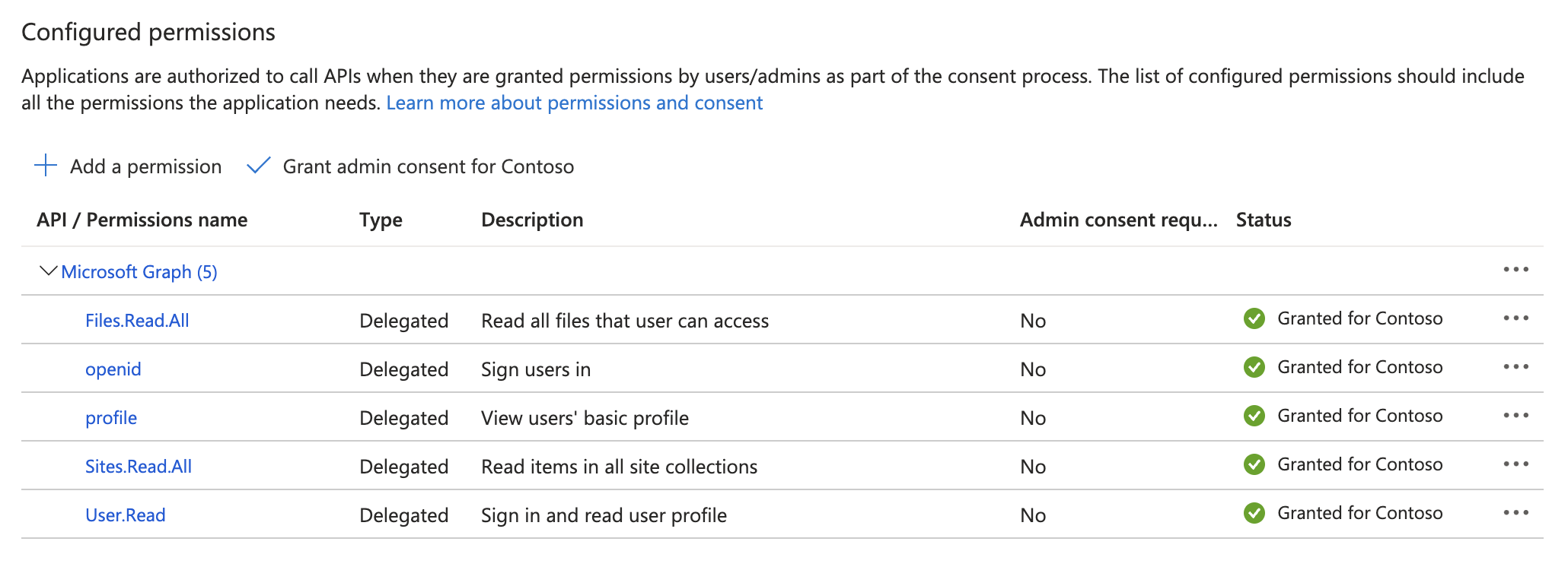 Screenshot der App-Registrierungsberechtigungen.