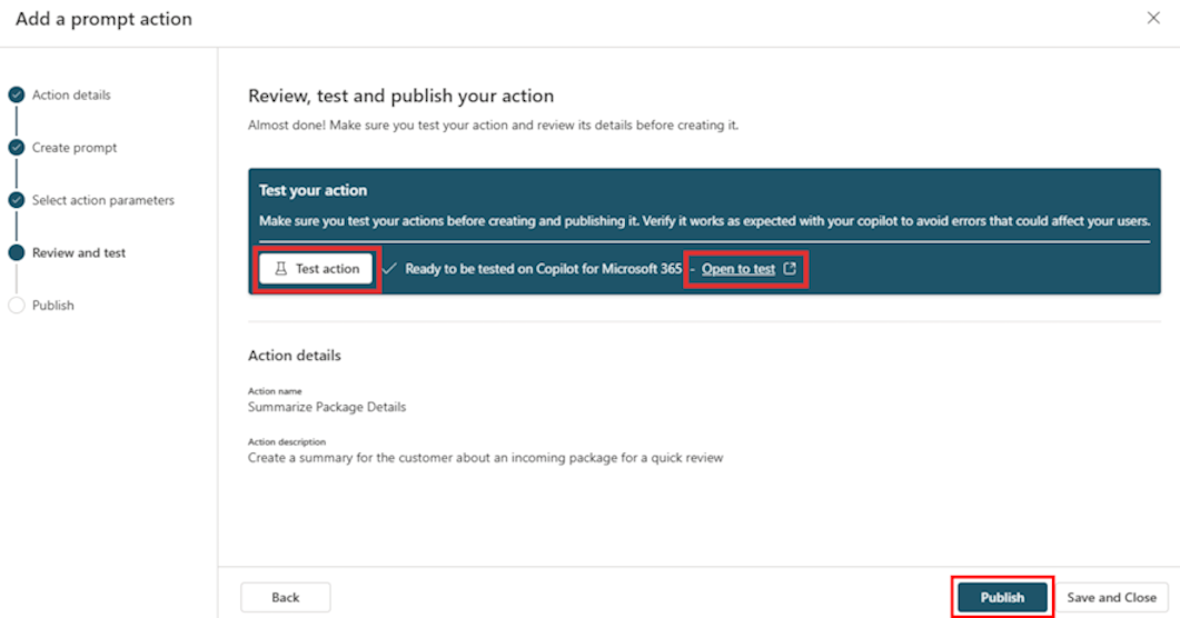 Screenshot des Schritts „Überprüfen und Testen“ von „Eine Promptaktion hinzufügen“.