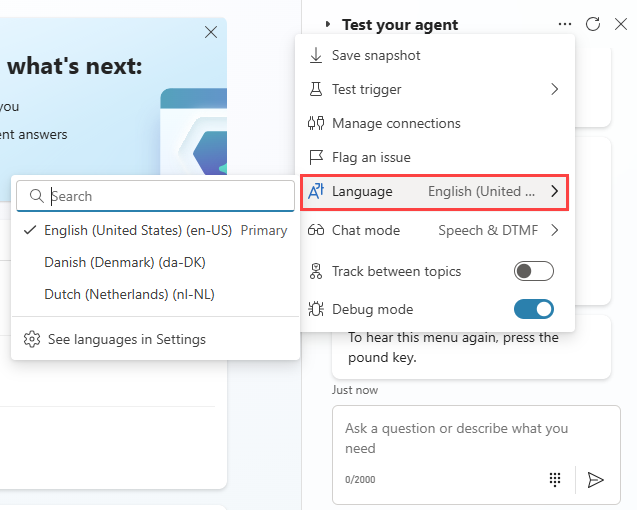 Bildschirm mit der Auswahl der sekundären Sprache für den Testagenten.