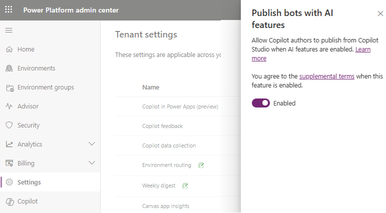 Screenshot des Power Platform Admin Centers mit der Option zum Deaktivieren der Möglichkeit zum Veröffentlichen von Agenten, die generative KI-Funktionen verwenden