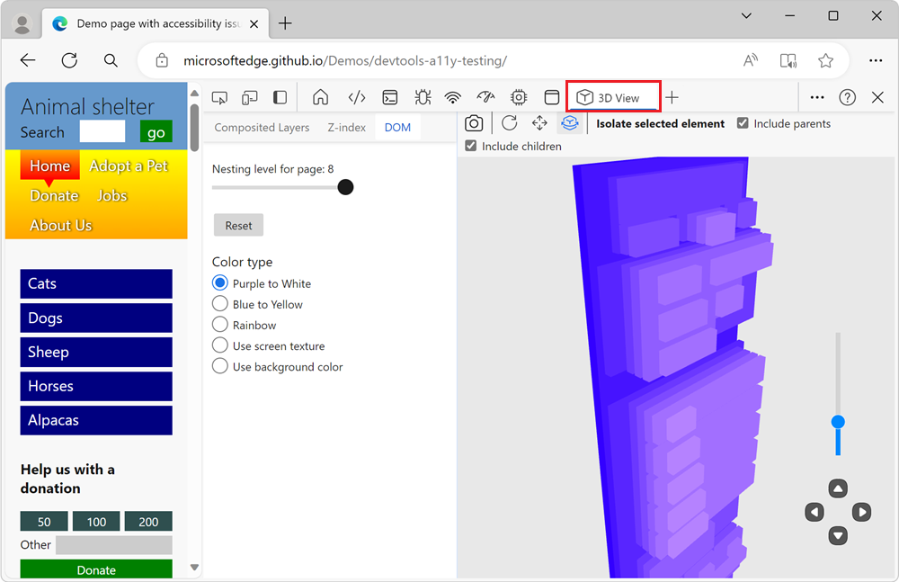 Das Tool für die 3D-Ansicht, das im Hauptbereich angezeigt wird und dessen Registerkarte in der Aktivitätsleiste angezeigt wird