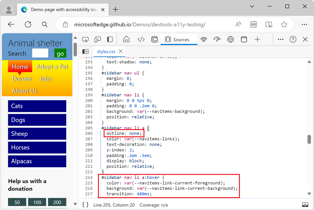 Die Outline:none-Eigenschaft und die Formatvorlagen :hover