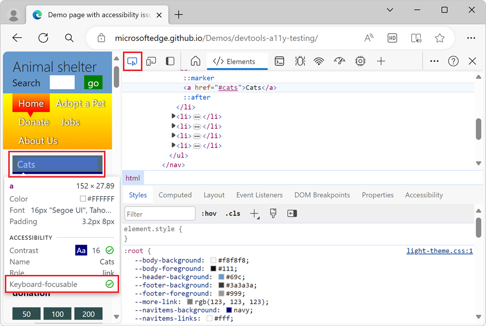 Überlagerung des Inspect-Tools für das Linkelement