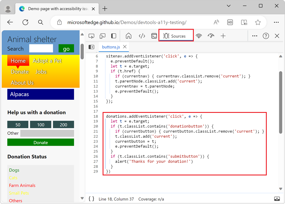 Der JavaScript-Code, der für die Funktionalität des Spendenformulars verantwortlich ist, wird im Quellentool angezeigt.