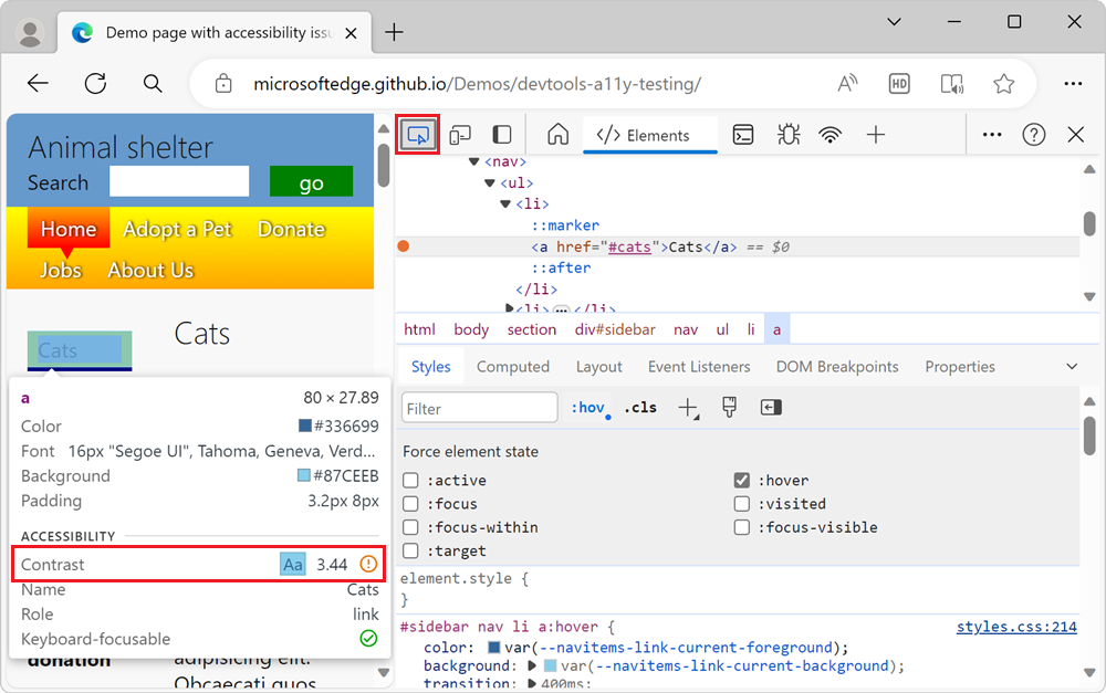 Testen des Kontrasts eines Elements in einem simulierten Hoverzustand