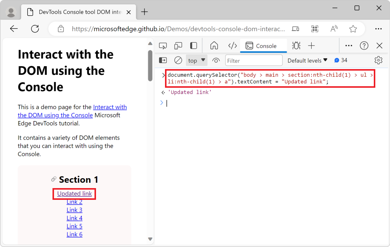 Das Konsolentool mit dem JS-Pfad und textContent-Ausdruck sowie der Webseite, auf der der aktualisierte Linktext angezeigt wird