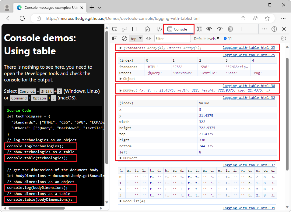 Anzeigen von Daten mit console.table, um das Lesen zu vereinfachen