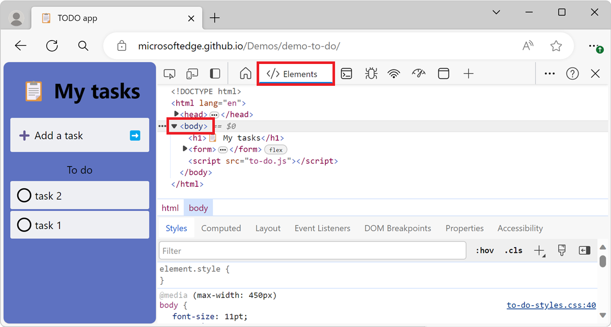 Überprüfen eines Elements mit inspect()