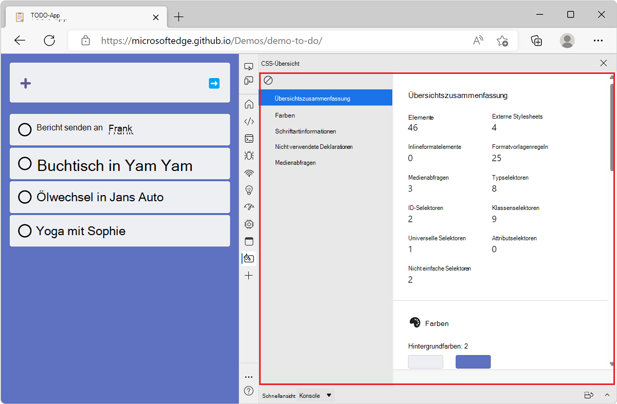 Microsoft Edge mit der Demo-App für die TODO-Liste und DevTools daneben, die den CSS-Übersichtsbericht für diese Website anzeigen