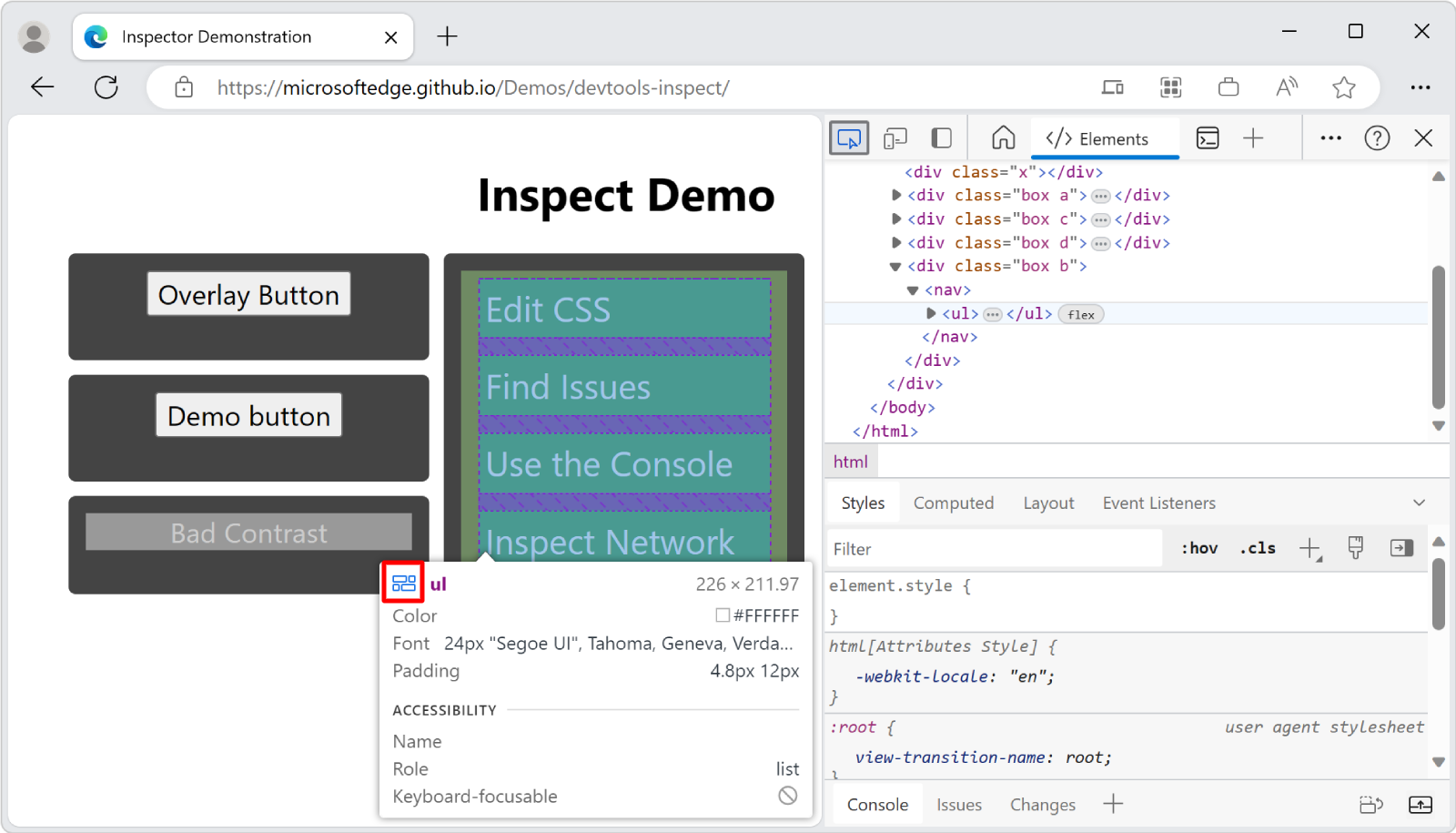 Ein Element, das CSS-Flexbox verwendet, verfügt neben seinem Namen in der Überlagerung 