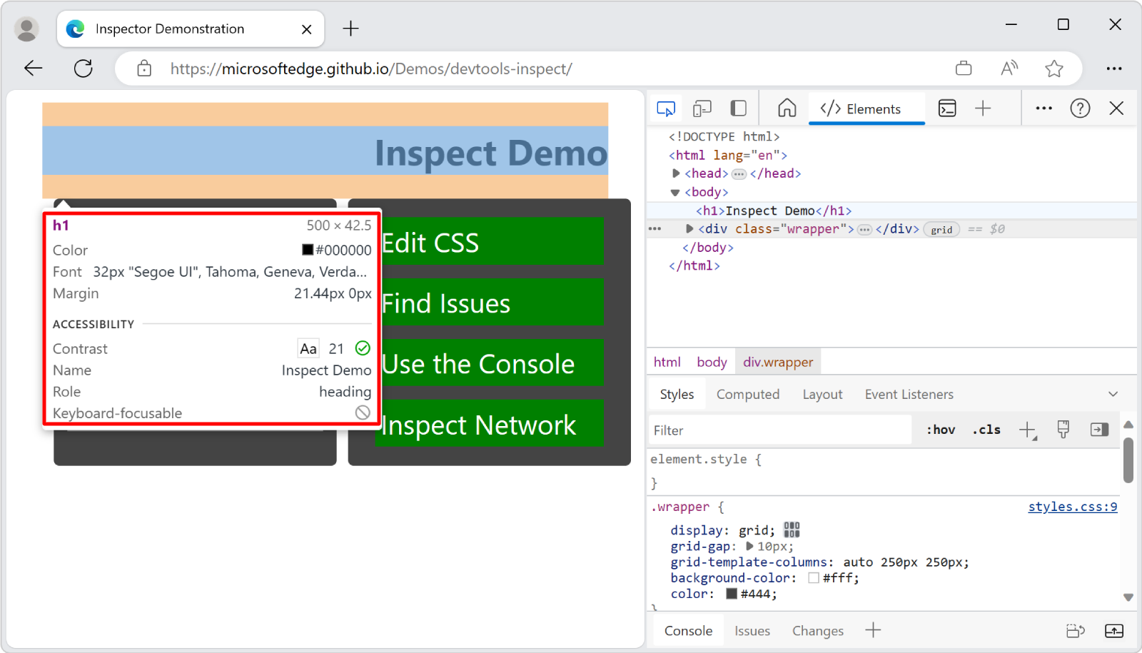 Die Überlagerung des Inspect-Tools auf einer gerenderten Seite mit Informationen zu einem h1-Überschriftenelement