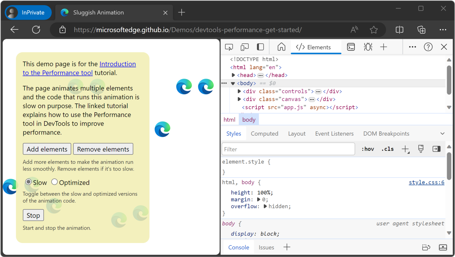 Die Demo auf der linken Seite und DevTools auf der rechten Seite