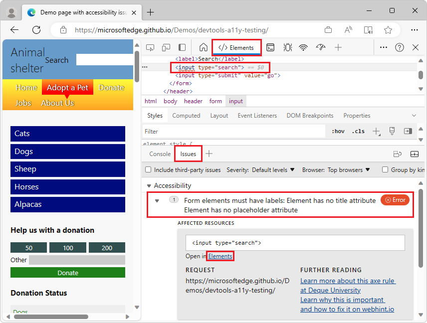 Webhint-Feedback im Problemtool