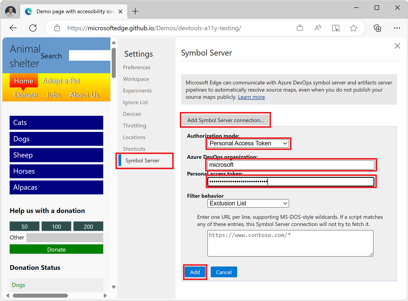 Der Symbolserver-Konfigurationsbildschirm in den DevTools-Einstellungen mit den Feldern, die zum Erstellen einer neuen PAT-Verbindung erforderlich sind