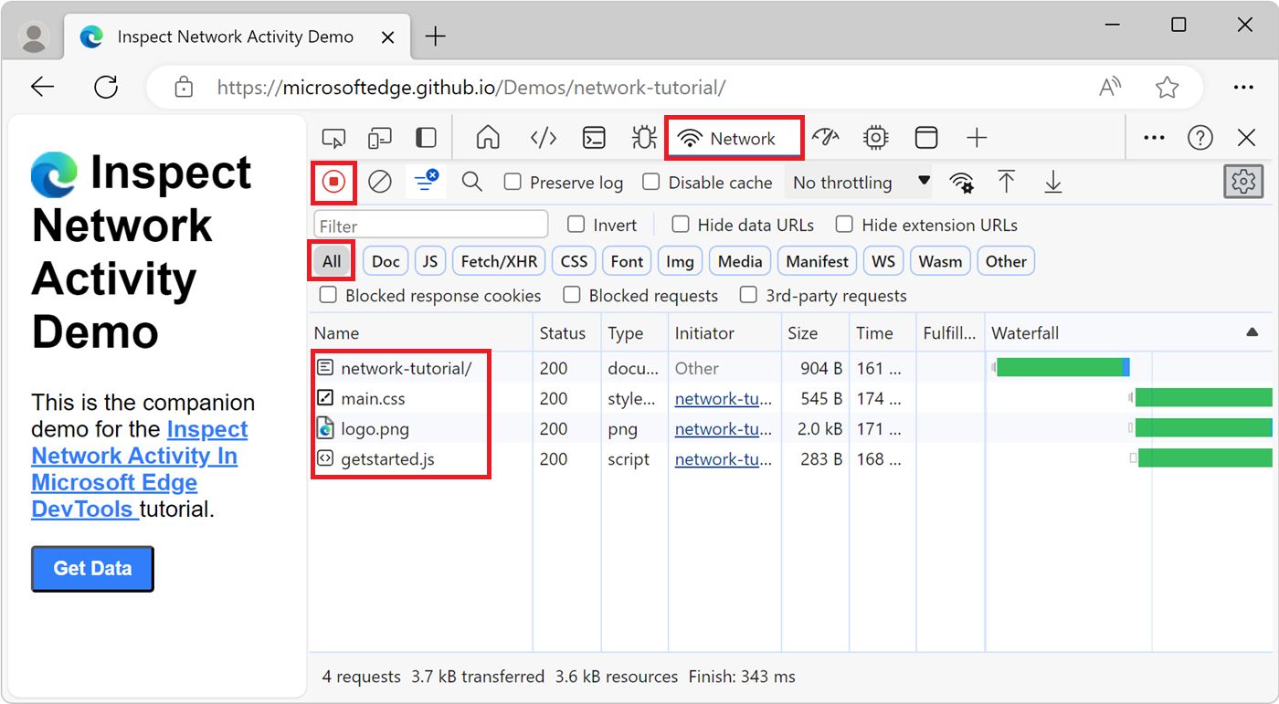 Im Netzwerkprotokoll aufgelistete Ressourcendateien der Webseite, eine Ressourcendatei pro Zeile