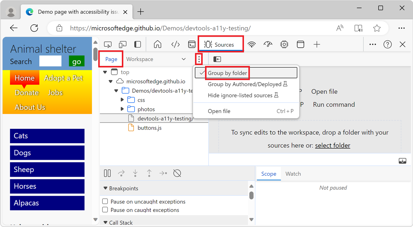 Die Nach Ordner gruppierten Ressourcendateien der Webseite auf der Registerkarte Seite des Tools 