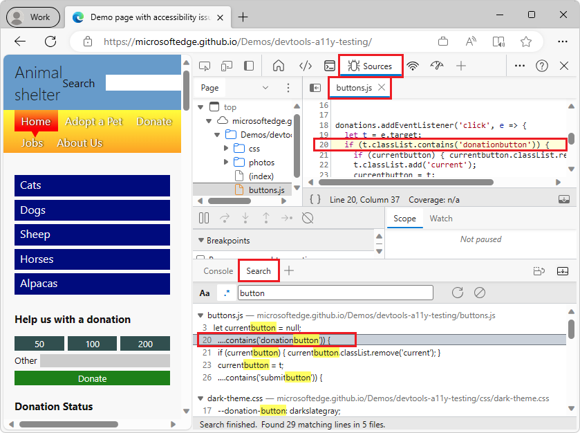 Wenn Sie auf eine Suchzeile klicken, wird das Tool Quellen geöffnet und die entsprechende Ressource geladen.