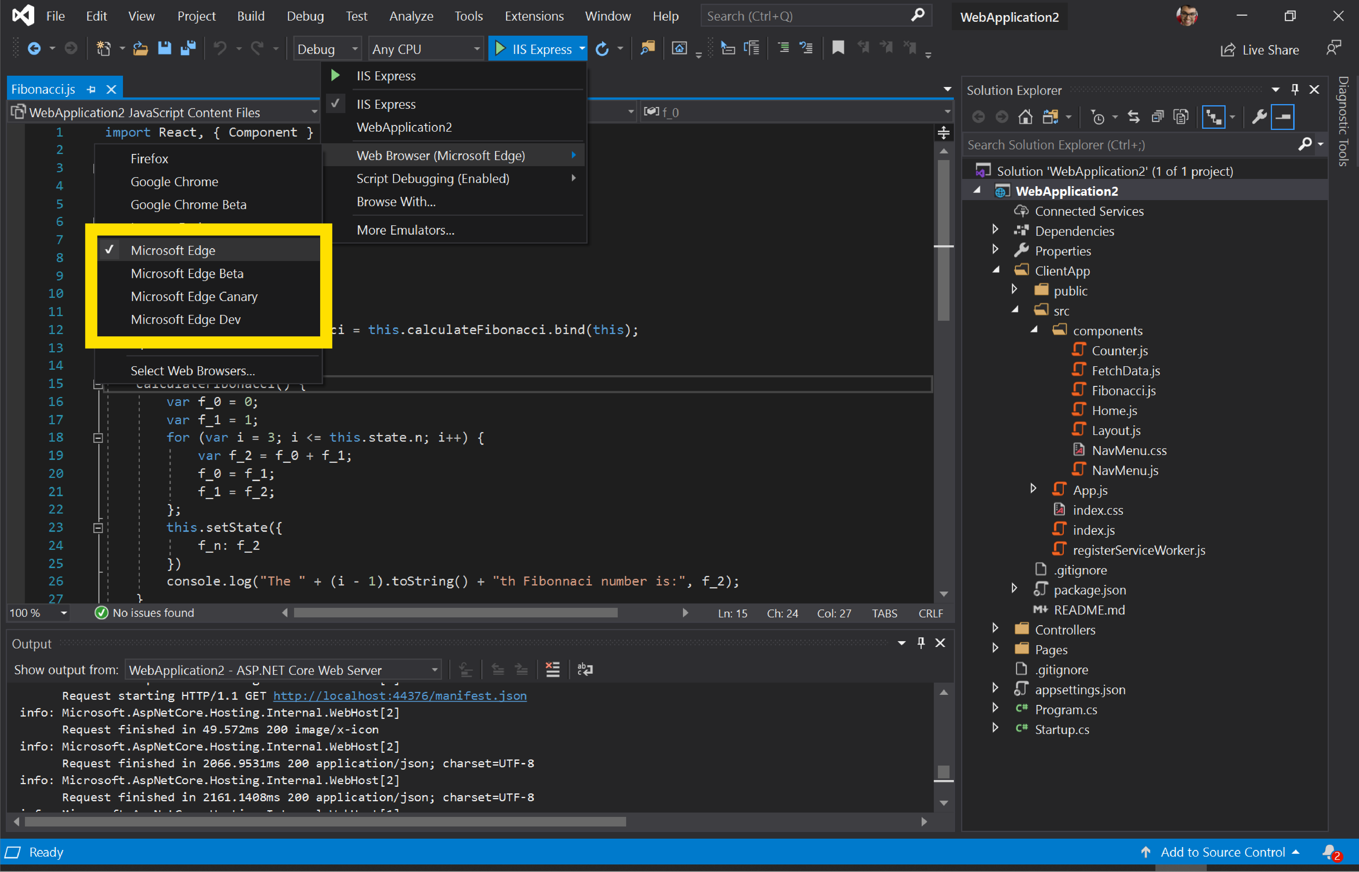 Visual Studio mit der Option zum Starten Ihrer Web-App in Microsoft Edge Canary, Dev oder Beta