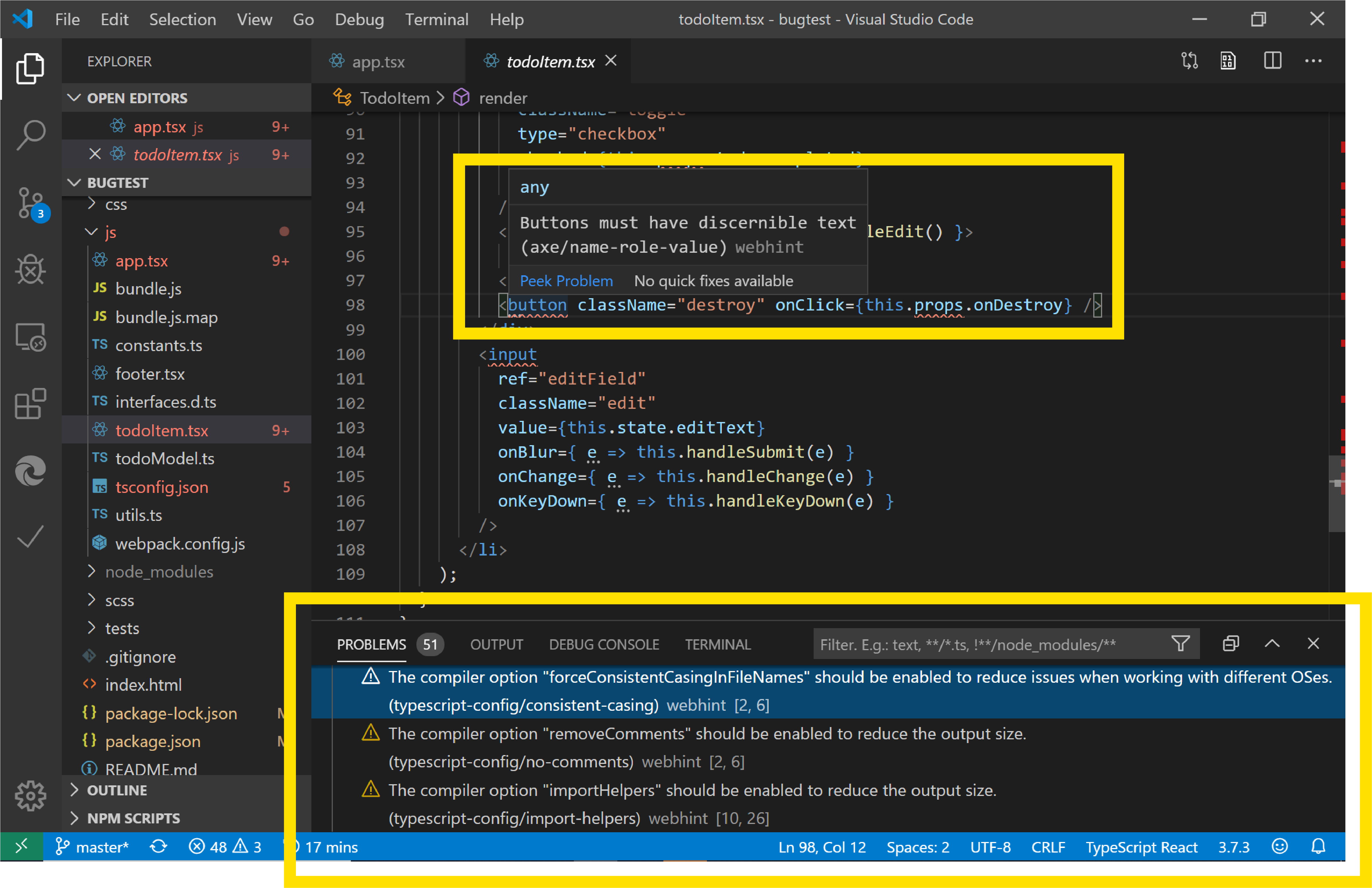 Die Webhint-Erweiterung für Visual Studio Code, die eine TSX-Datei in Visual Studio Code analysiert