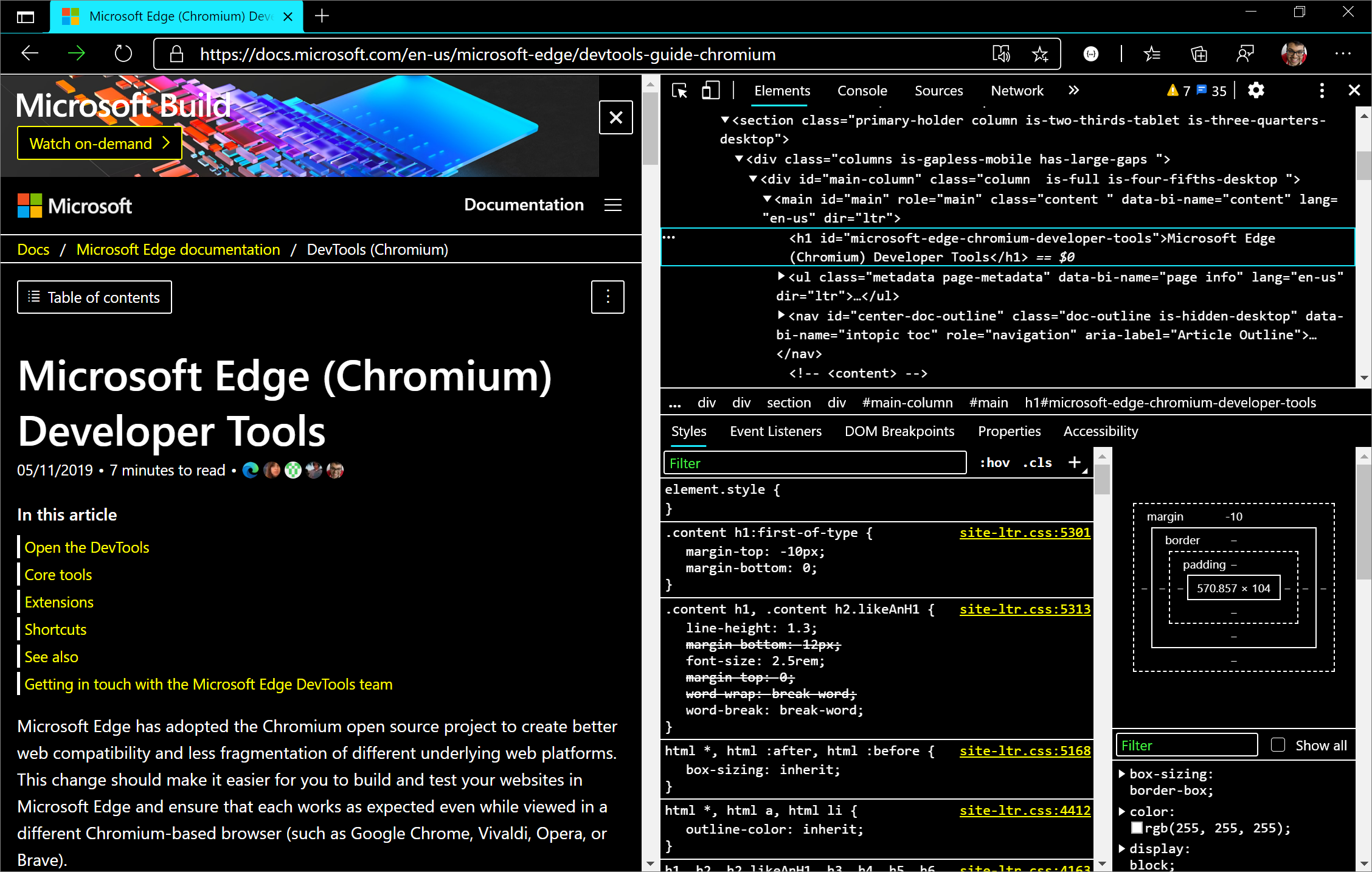 Microsoft Edge DevTools im Modus mit hohem Kontrast