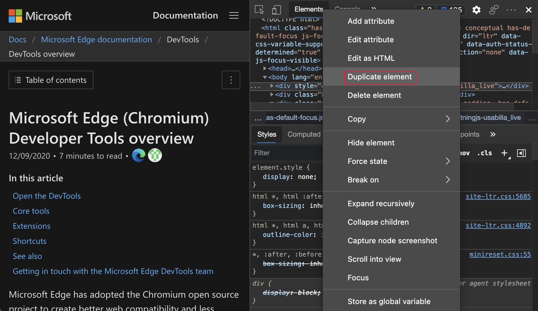 Das Duplicate-Element wird im Kontextmenü eines Elements im Tool Elemente hervorgehoben.