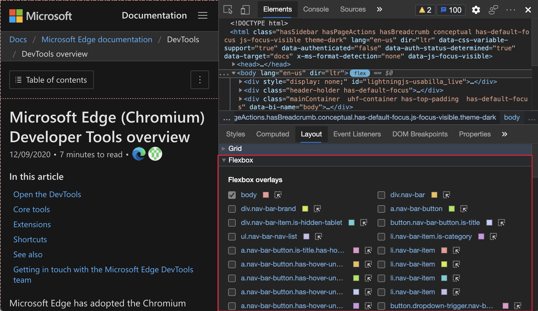 Die im Layoutbereich hervorgehobenen Flexbox-Überlagerungen