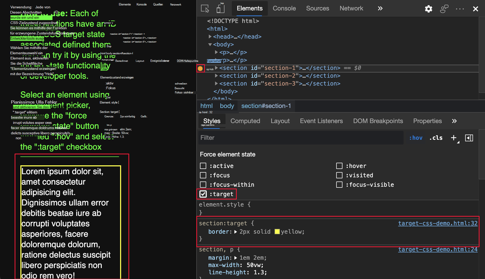 :target CSS erzwungen und Webseite hervorgehoben