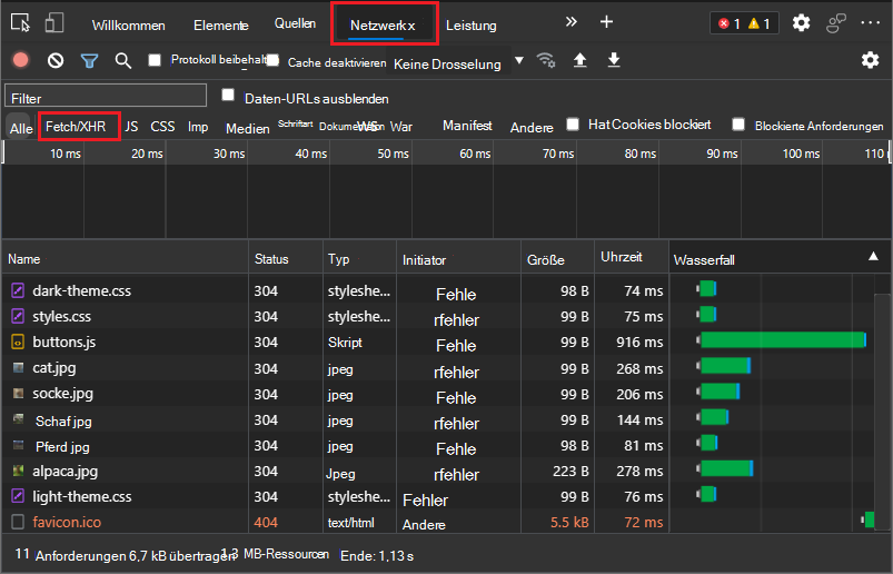 Das Netzwerktool zeigt jetzt Fetch/XHR anstelle von XHR an.
