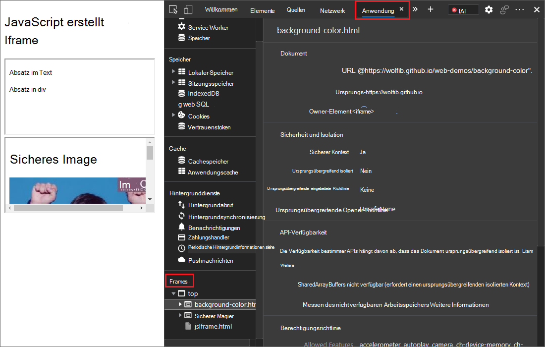 Rahmendetails im Anwendungstool