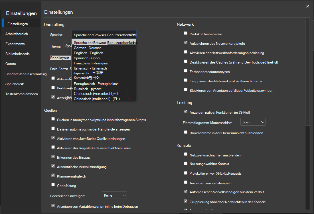 Ändern der DevTools-Anzeigesprache direkt über die Seite DevTools-Einstellungen